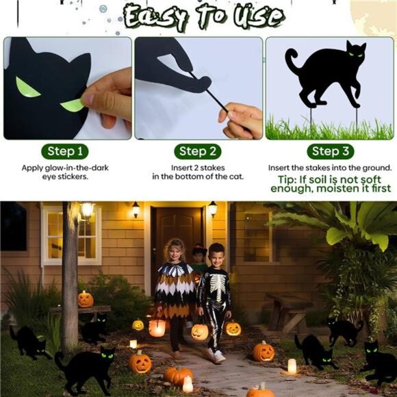 Halloween Black Cat Yard Decorations Glow in Dark Eyes Outdoor Scary Party Decor - Picture 5 of 8